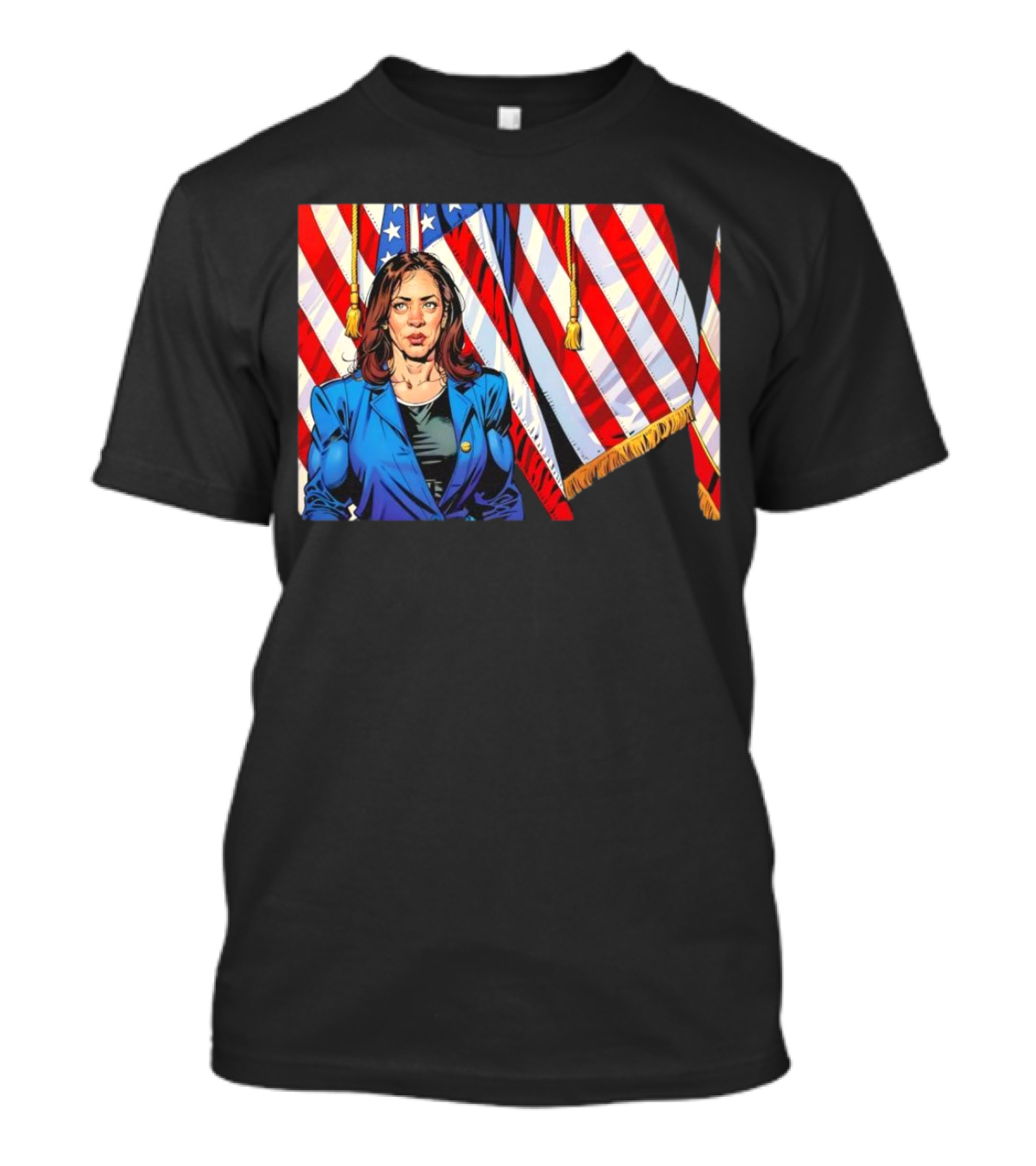 Vice President Kamala Harris Cartoon With Muscle In Front Of American Flags T-Shirt