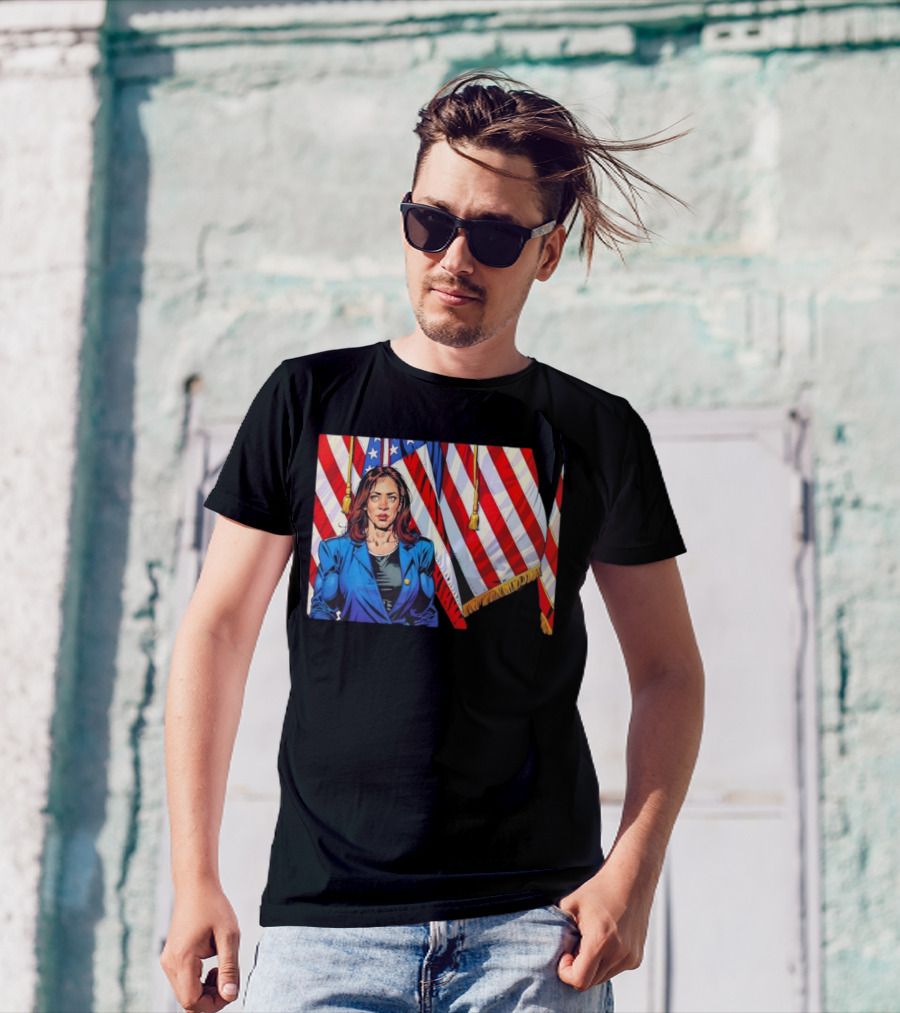 Vice President Kamala Harris Cartoon With Muscle In Front Of American Flags T-Shirt
