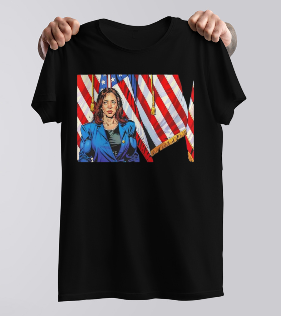 Vice President Kamala Harris Cartoon With Muscle In Front Of American Flags T-Shirt