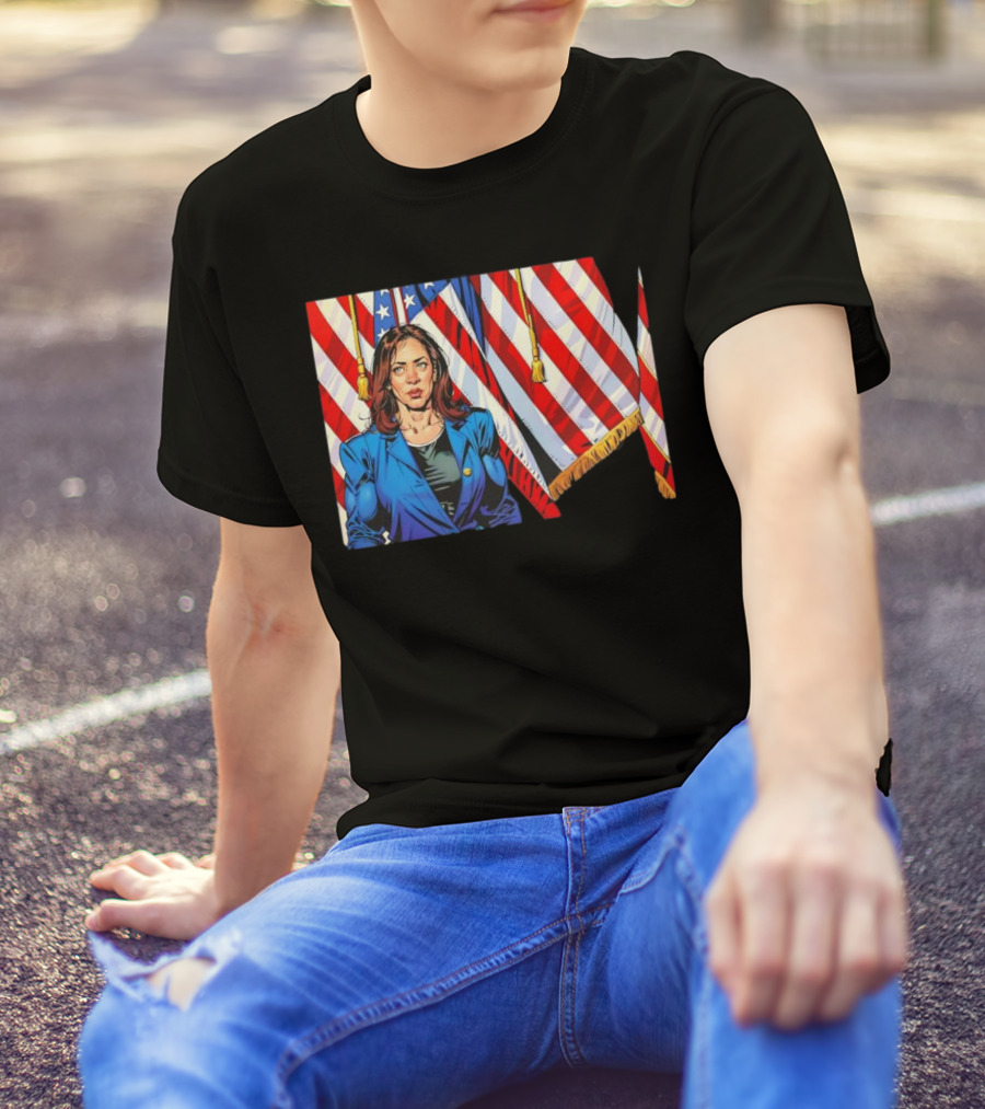 Vice President Kamala Harris Cartoon With Muscle In Front Of American Flags T-Shirt
