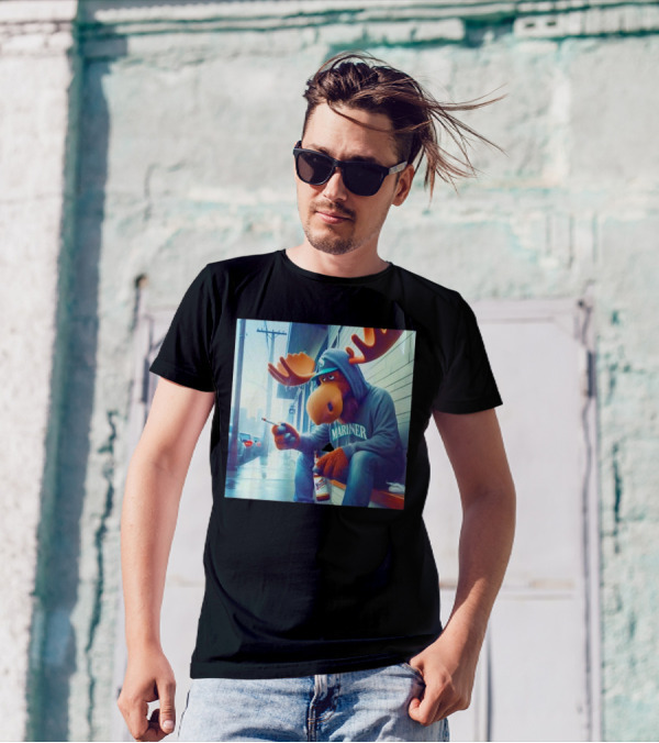 Seattle Mariners Moose Smoking Drinking Beer Street Scene T-Shirt