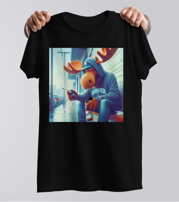 Seattle Mariners Moose Smoking Drinking Beer Street Scene T-Shirt