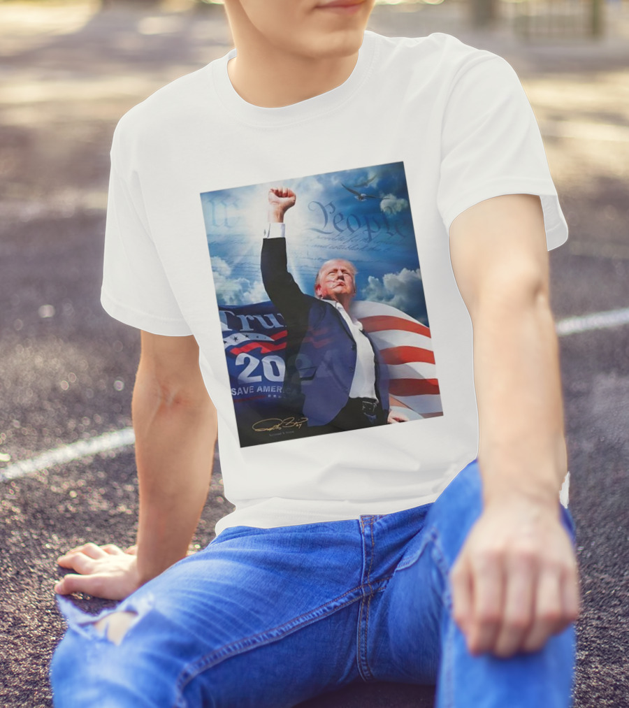 Trump 2024 Save America Signature With We The People Imagery And American Flag T-Shirt
