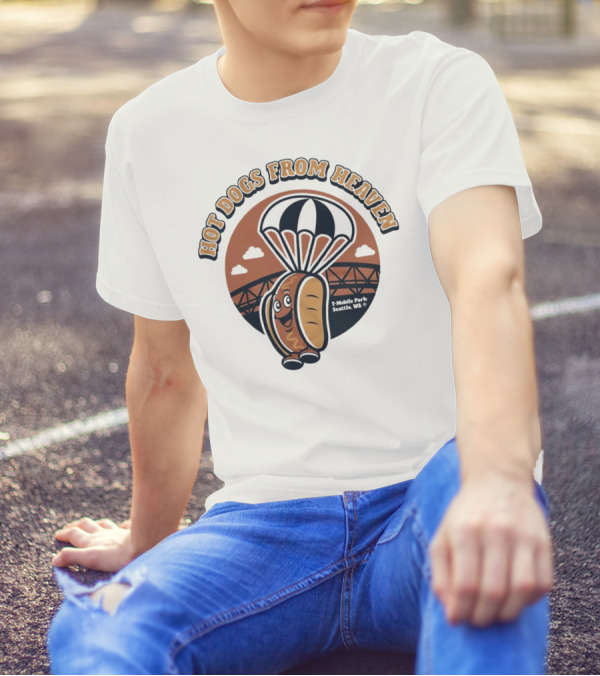 Hot Dogs From Heaven Parachuting Smiling Hot Dog Over Bridge T-Shirt