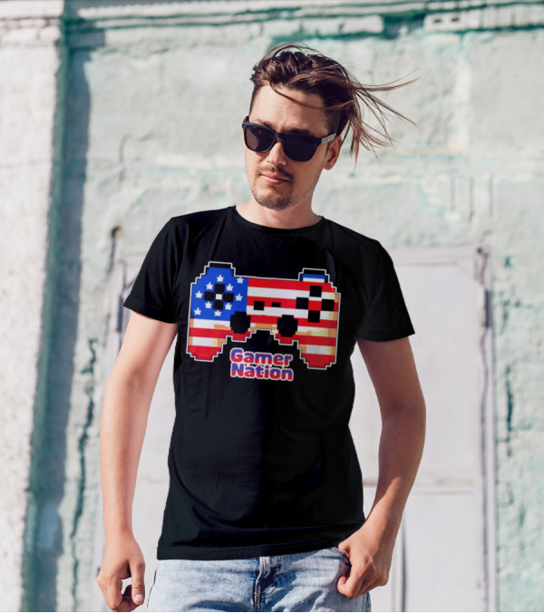 American Flag Pixel Art Gamer Nation Controller T-Shirt