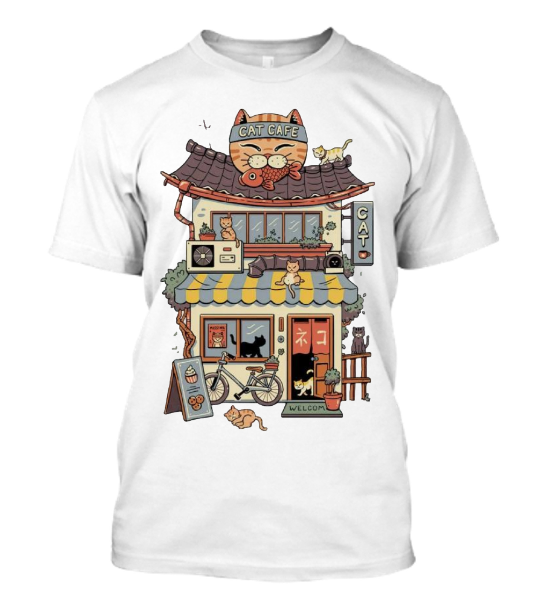 Cat Cafe Welcome With Bicycle And Cats T-Shirt
