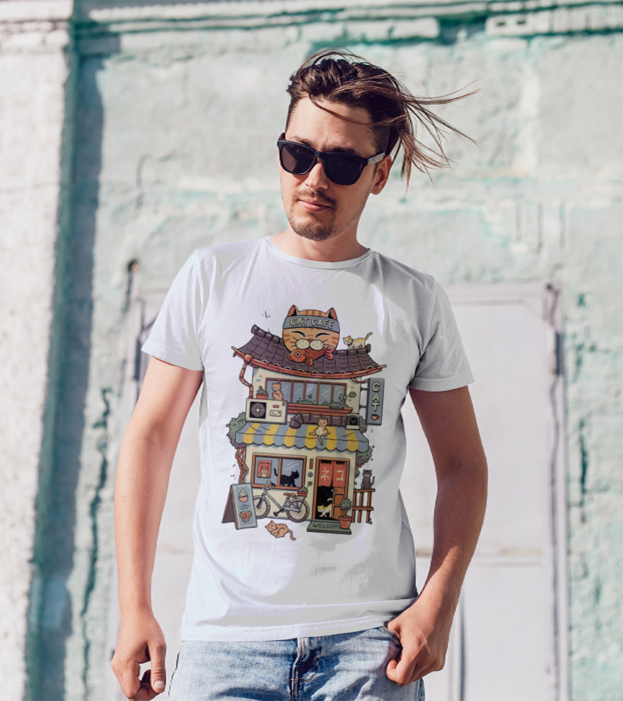 Cat Cafe Welcome With Bicycle And Cats T-Shirt