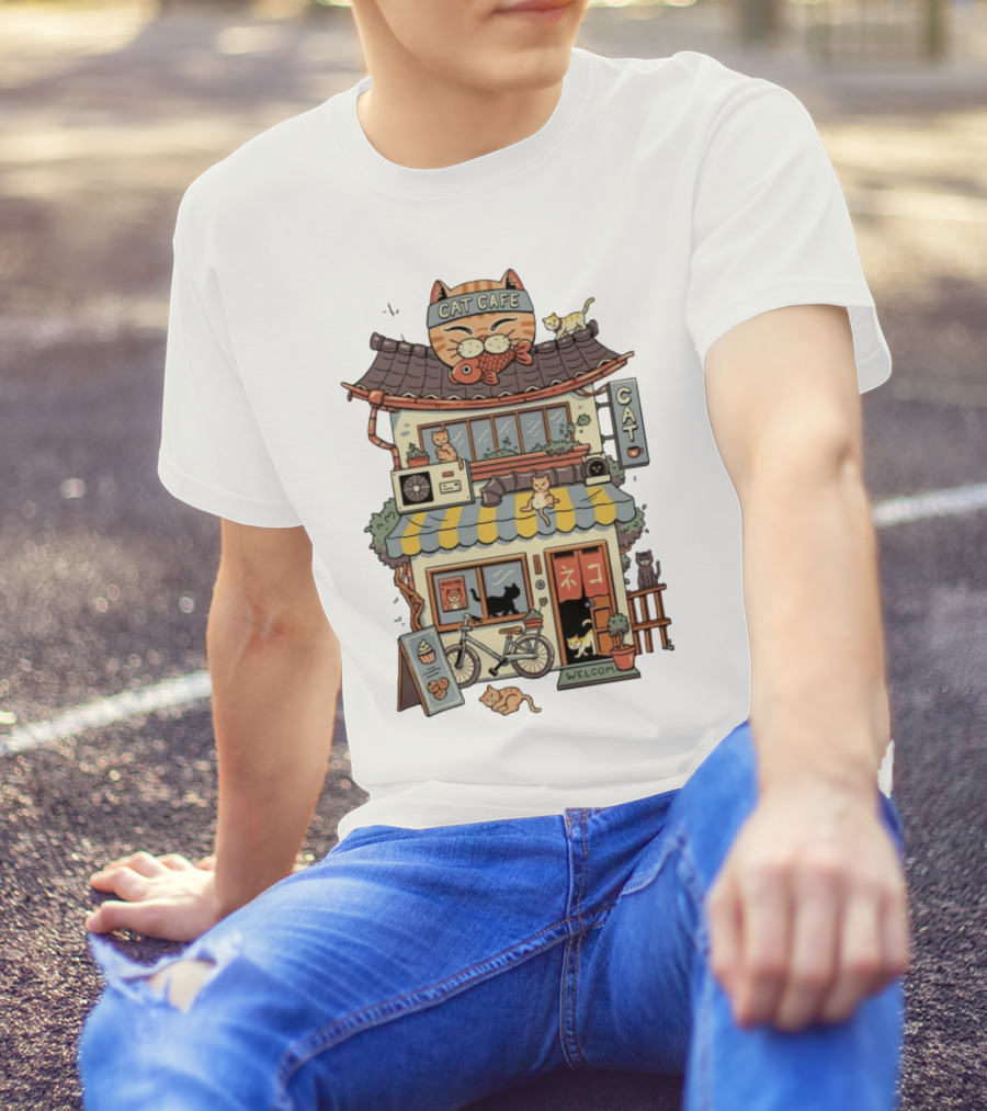 Cat Cafe Welcome With Bicycle And Cats T-Shirt