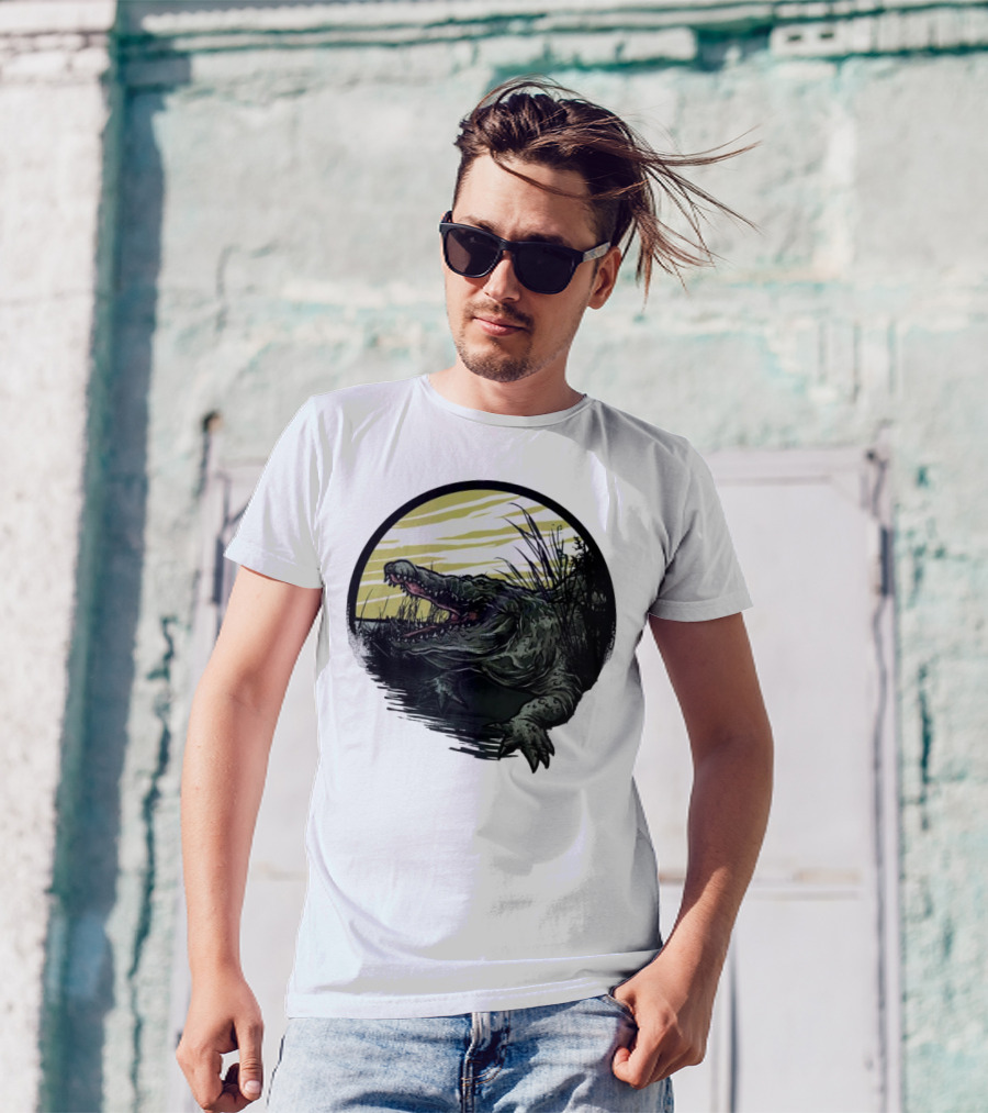 Crocodile Emerging From Water With Yellow Sky And Reeds T-Shirt