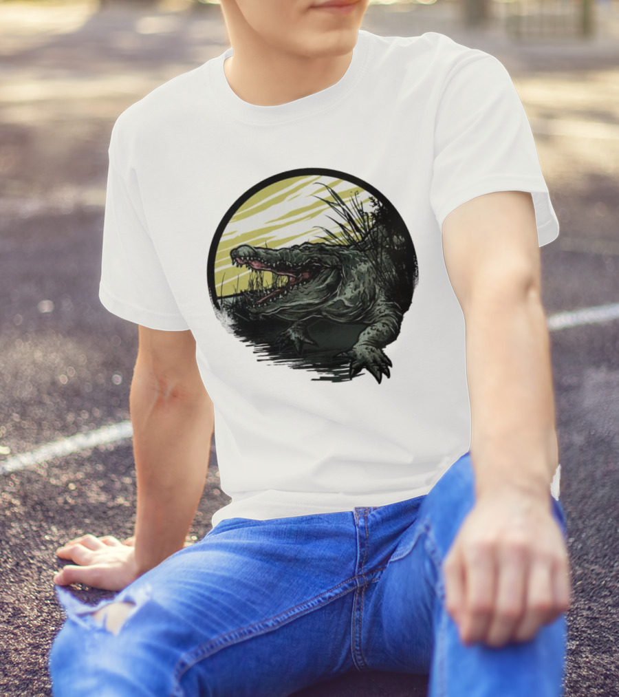 Crocodile Emerging From Water With Yellow Sky And Reeds T-Shirt