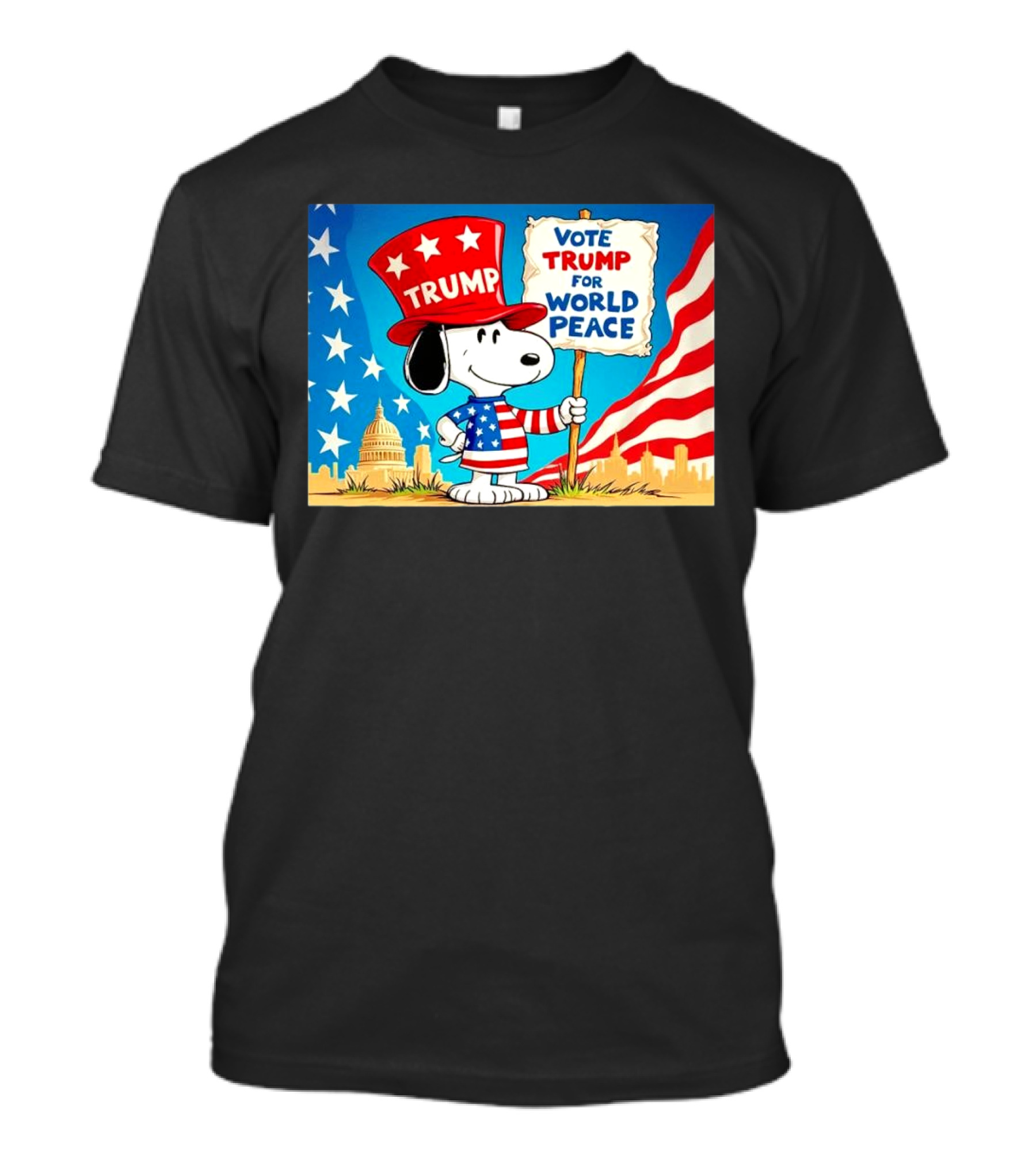 Snoopy Trump Hat Vote Trump For World Peace Cartoon Capitol Flag Background T-Shirt