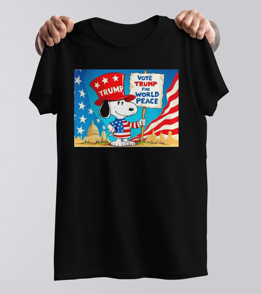 Snoopy Trump Hat Vote Trump For World Peace Cartoon Capitol Flag Background T-Shirt