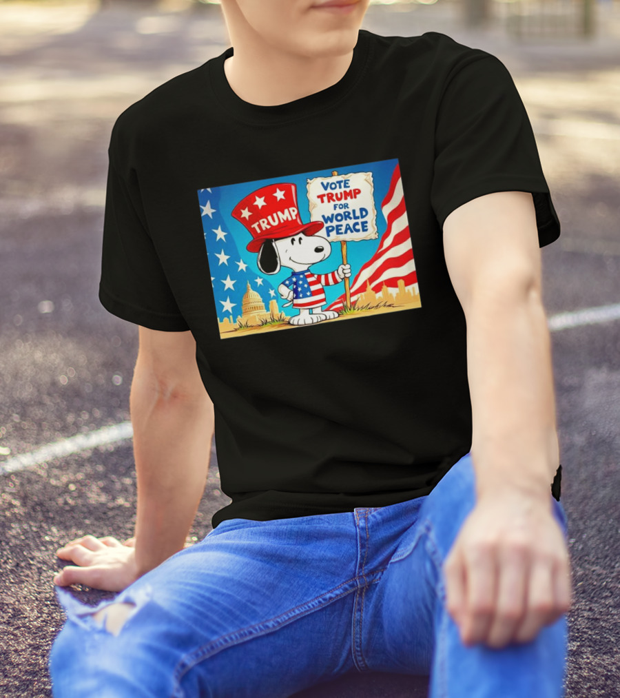Snoopy Trump Hat Vote Trump For World Peace Cartoon Capitol Flag Background T-Shirt