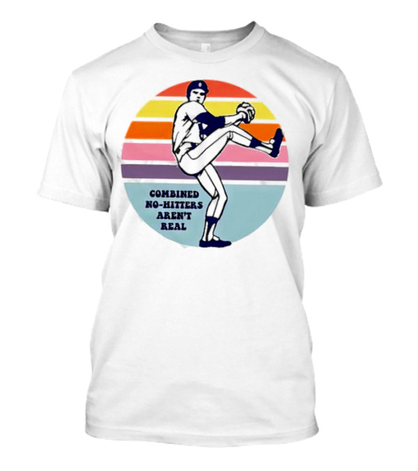 Combined No-Hitters Aren't Real Baseball Pitcher With Colorful Stripes Background T-Shirt