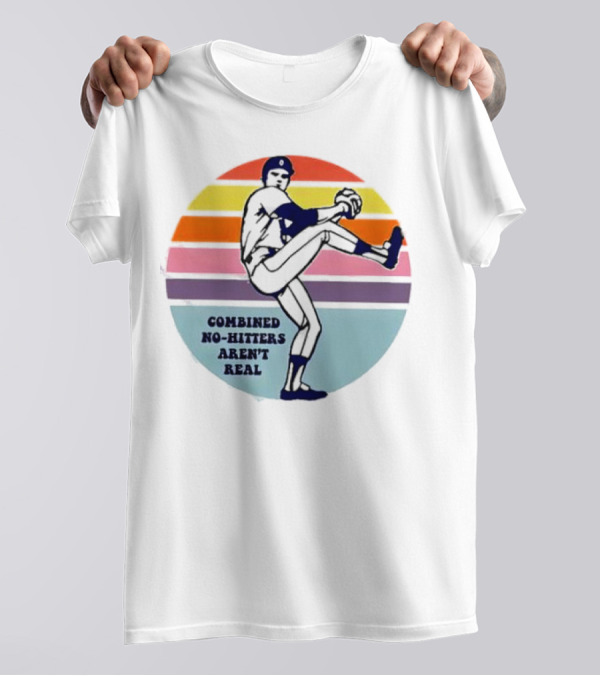 Combined No-Hitters Aren't Real Baseball Pitcher With Colorful Stripes Background T-Shirt
