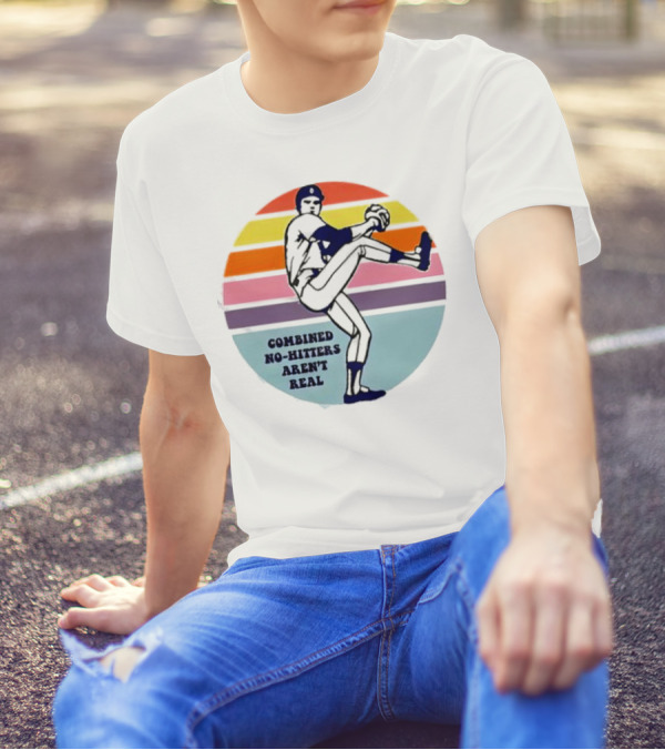 Combined No-Hitters Aren't Real Baseball Pitcher With Colorful Stripes Background T-Shirt