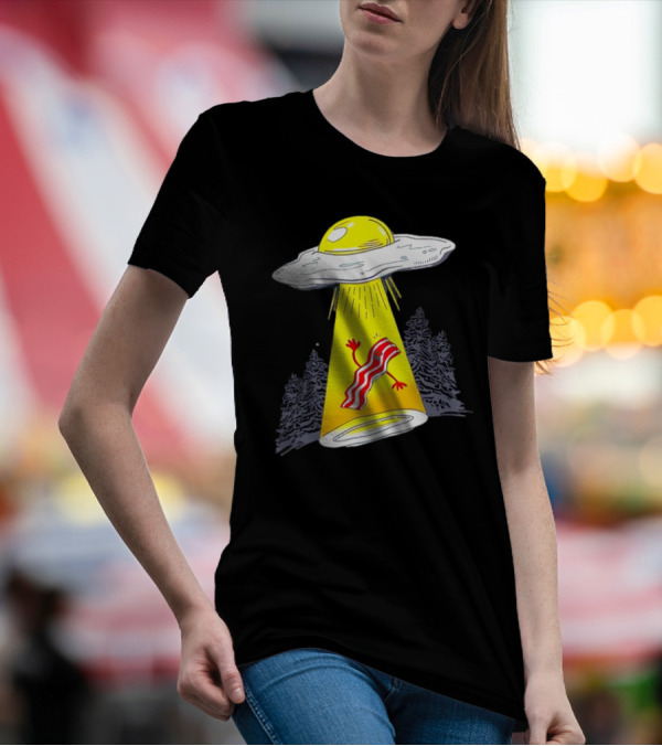 Wonder Nation Alien Breakfast Egg UFO Beaming Up A Walking Bacon Slice In Forest T-Shirt