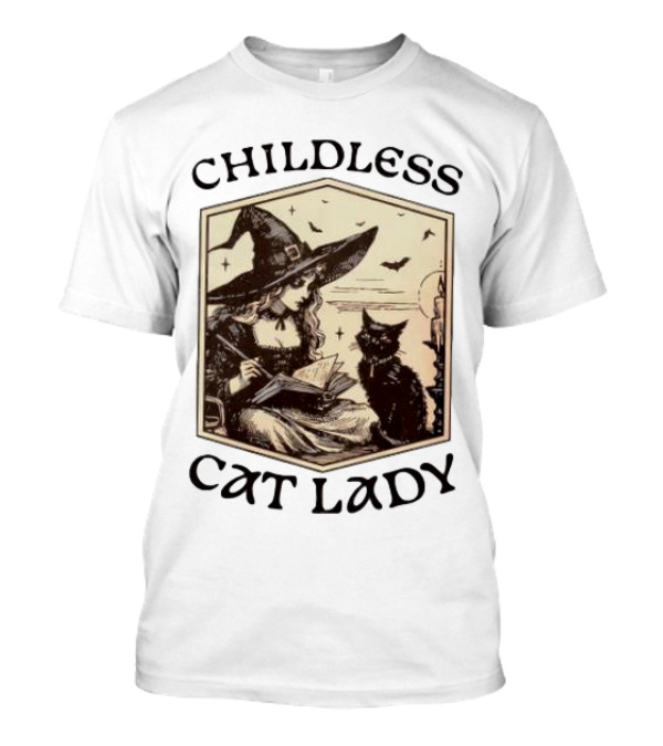 Childless Cat Lady Witch With Book And Black Cat Halloween T-Shirt