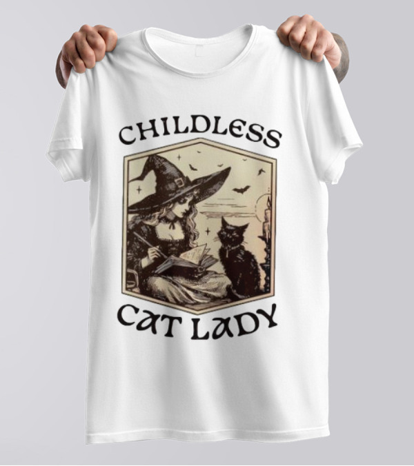 Childless Cat Lady Witch With Book And Black Cat Halloween T-Shirt