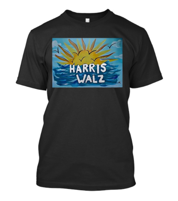 Harris Walz Sun Rising Over Blue Waves Background T-Shirt