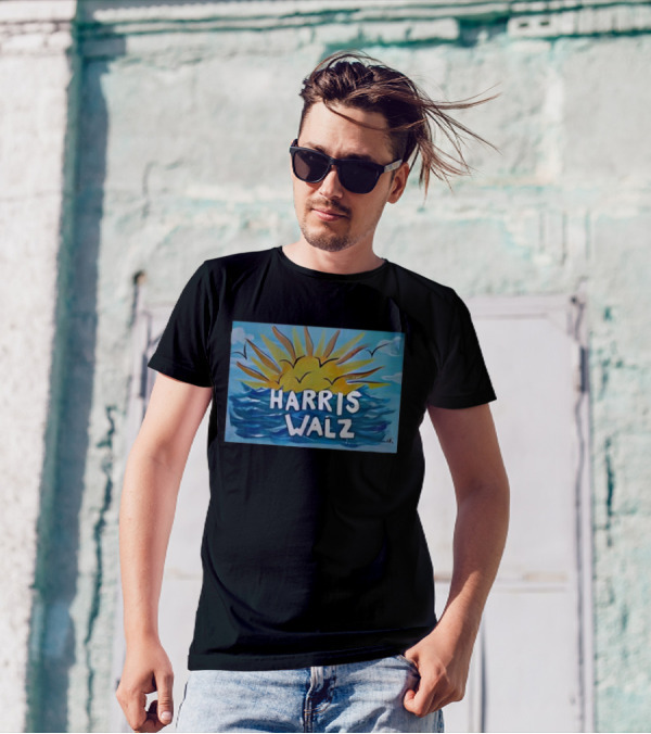 Harris Walz Sun Rising Over Blue Waves Background T-Shirt