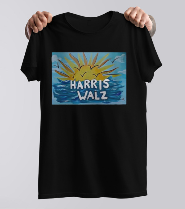 Harris Walz Sun Rising Over Blue Waves Background T-Shirt
