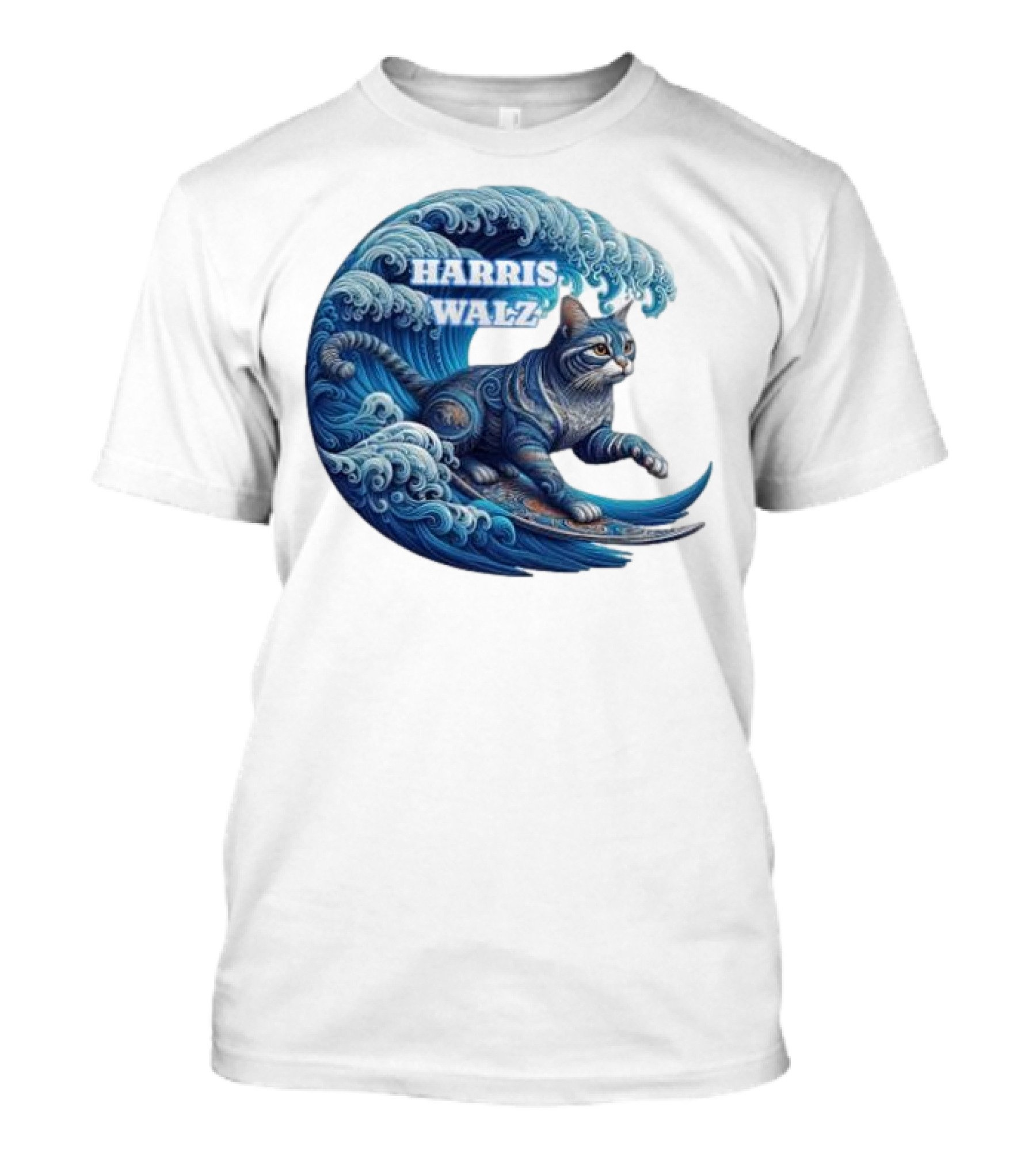 Harris Walz Blue Wave Lady Cat Surfing T-Shirt