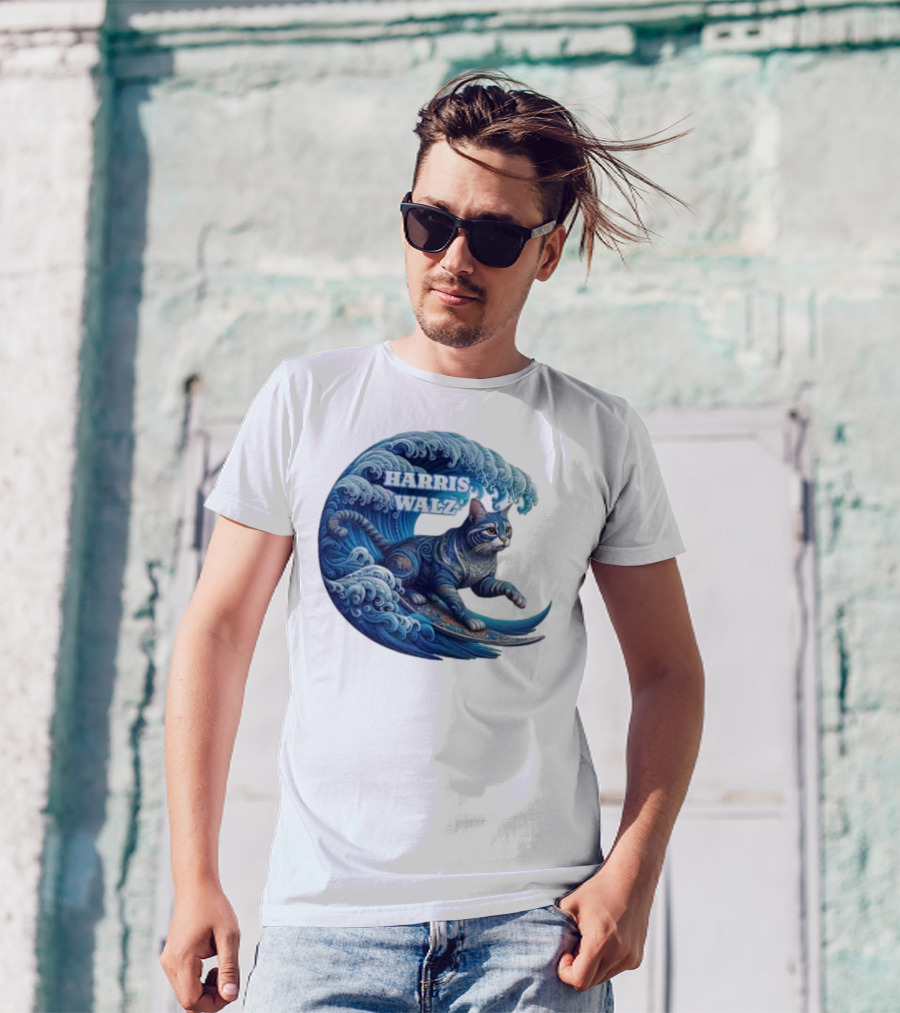 Harris Walz Blue Wave Lady Cat Surfing T-Shirt