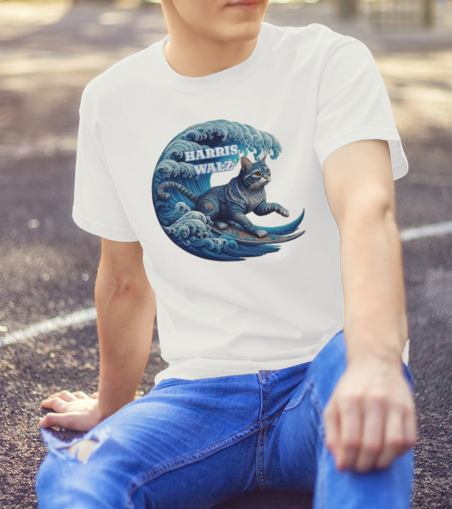 Harris Walz Blue Wave Lady Cat Surfing T-Shirt