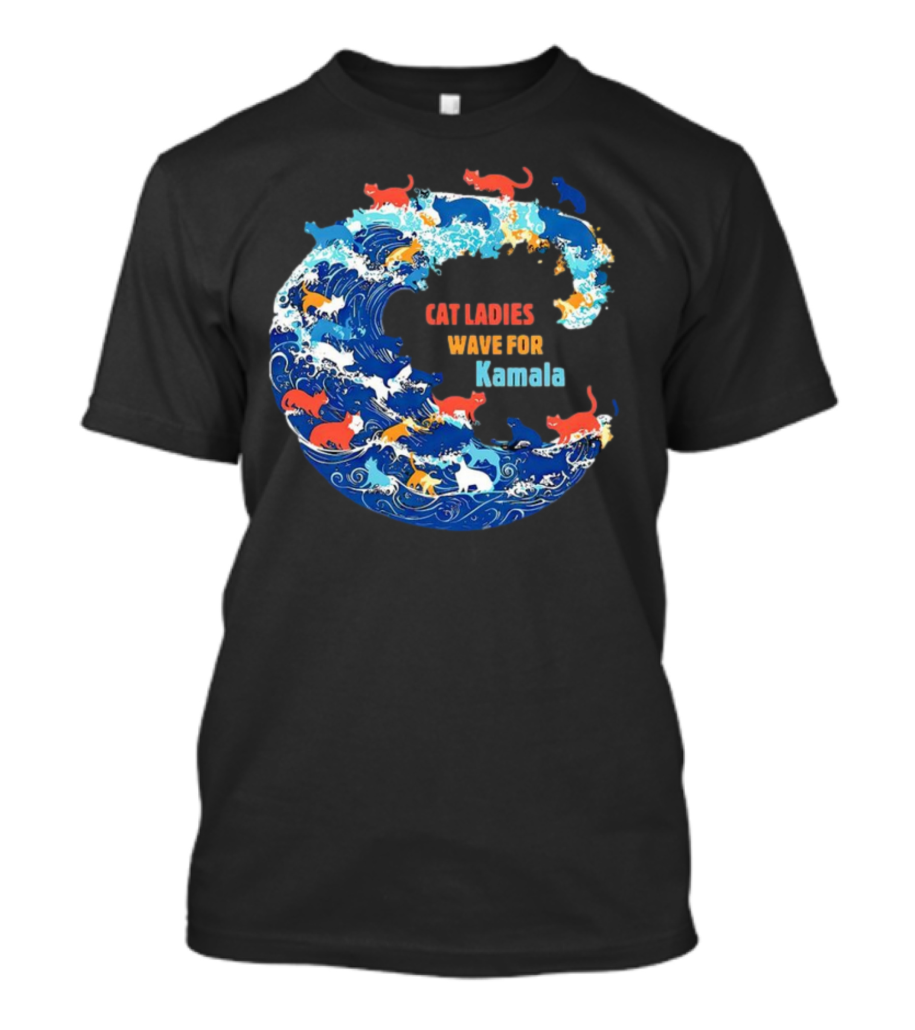 Cat Ladies Wave For Kamala In Colorful Ocean Cats T-Shirt