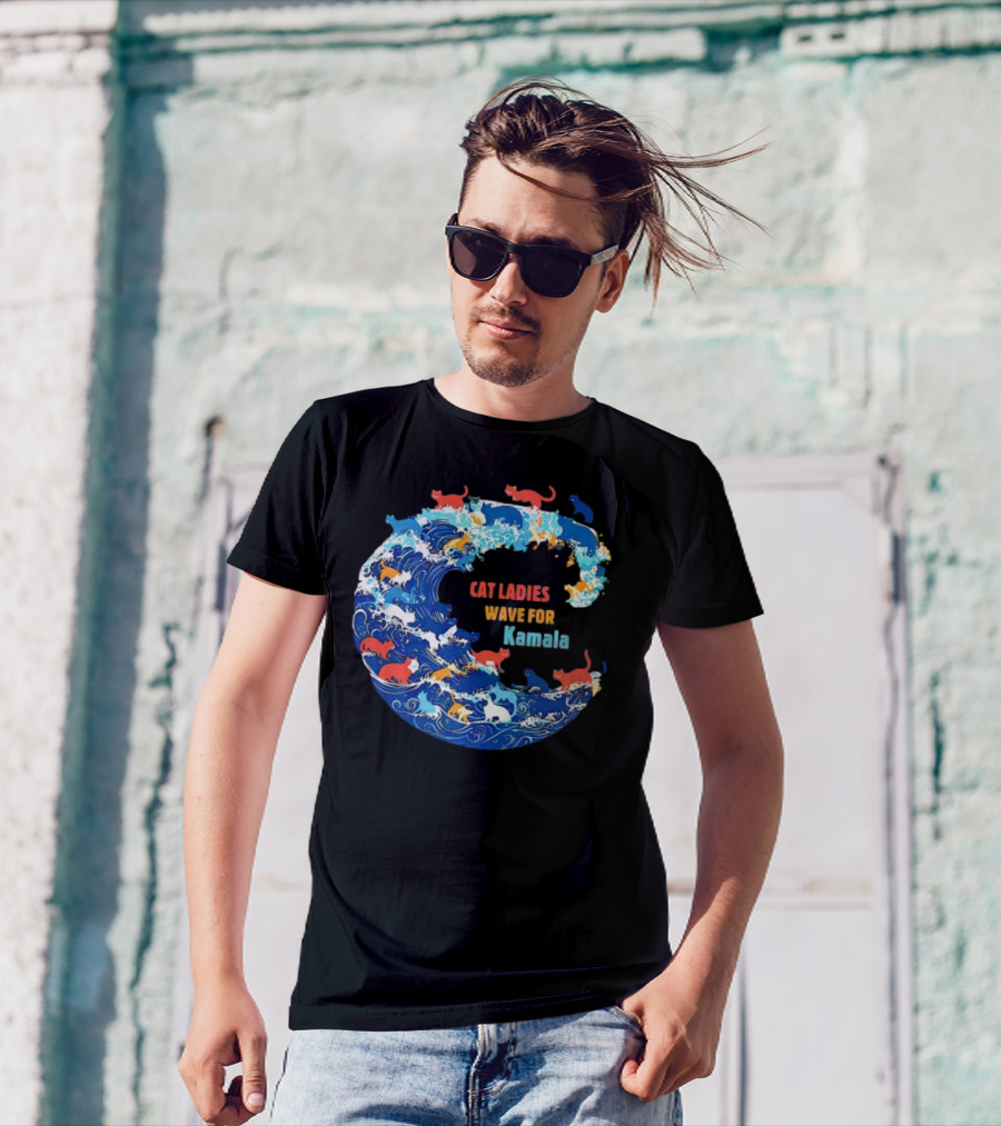 Cat Ladies Wave For Kamala In Colorful Ocean Cats T-Shirt