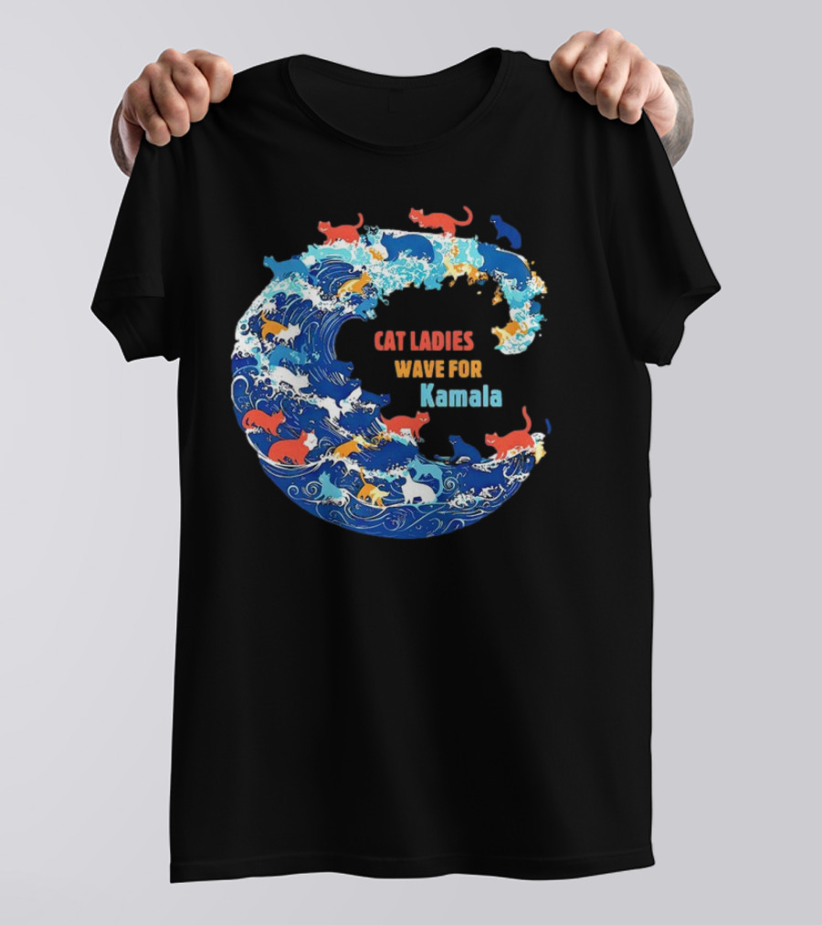 Cat Ladies Wave For Kamala In Colorful Ocean Cats T-Shirt