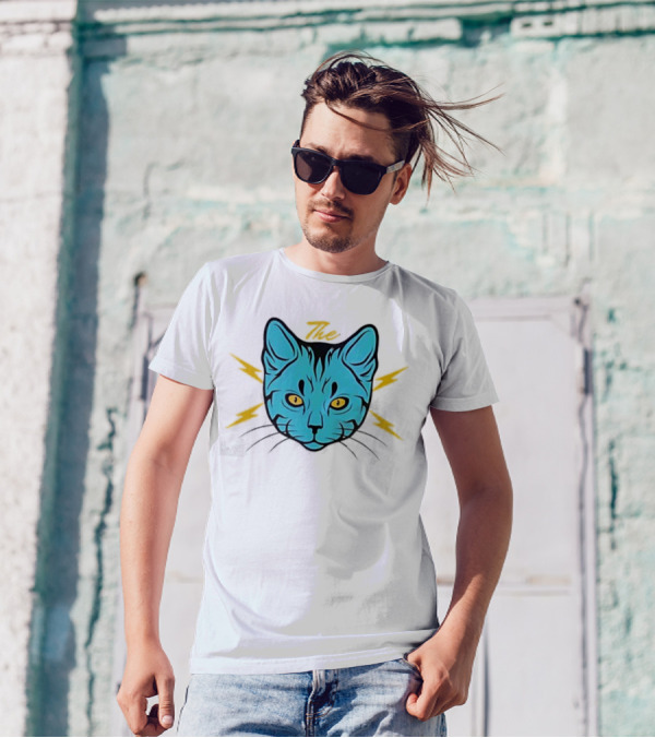 The Cat Thunder Studio Blue Cat Head With Yellow Lightning Bolts T-Shirt