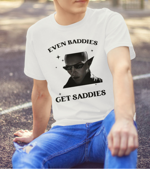 Even Baddies Get Saddies Pixelated Sunglasses Bald Elf Character T-Shirt