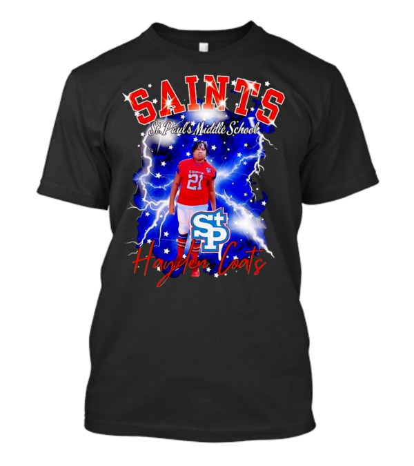 Saints St Paul’s Middle School Football Hayden Coats 21 Lightning Background T-Shirt
