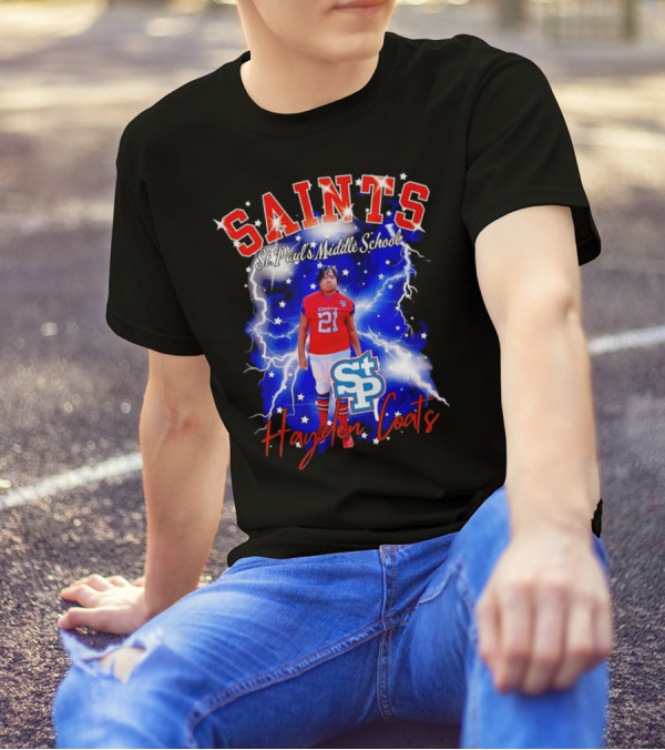Saints St Paul’s Middle School Football Hayden Coats 21 Lightning Background T-Shirt