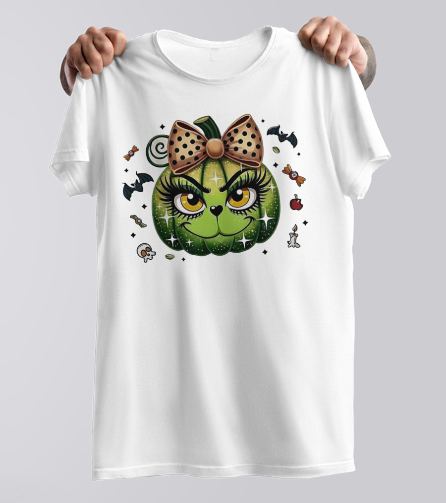 Pumpkin Girl Halloween Grinch With Bow And Halloween Icons T-Shirt