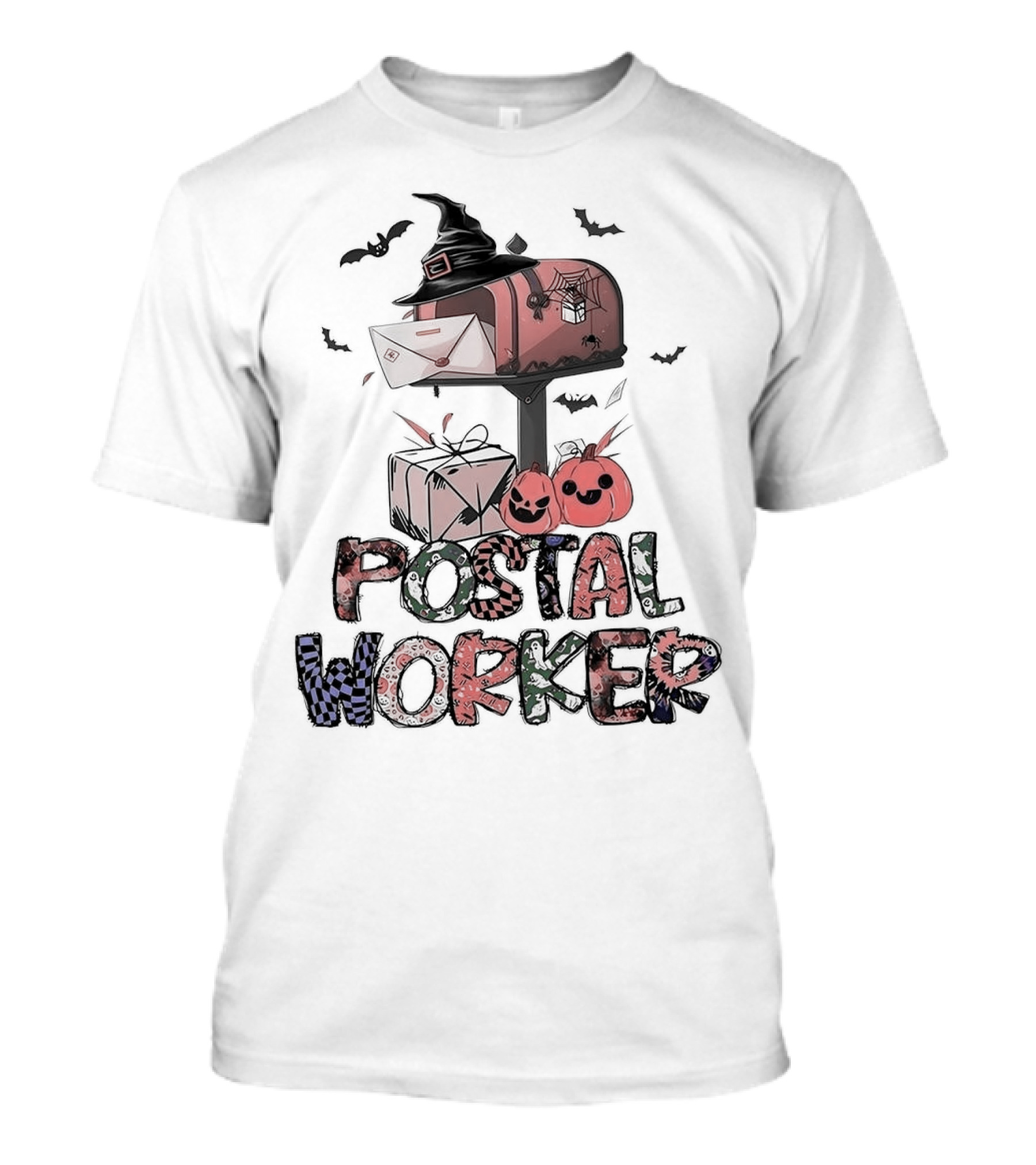 Postal Worker Halloween Mailbox Witch Hat Pumpkins Bats T-Shirt