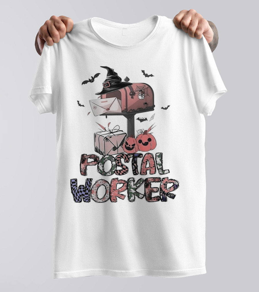 Postal Worker Halloween Mailbox Witch Hat Pumpkins Bats T-Shirt