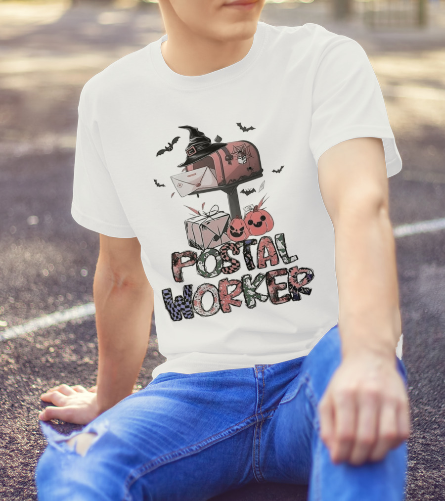 Postal Worker Halloween Mailbox Witch Hat Pumpkins Bats T-Shirt