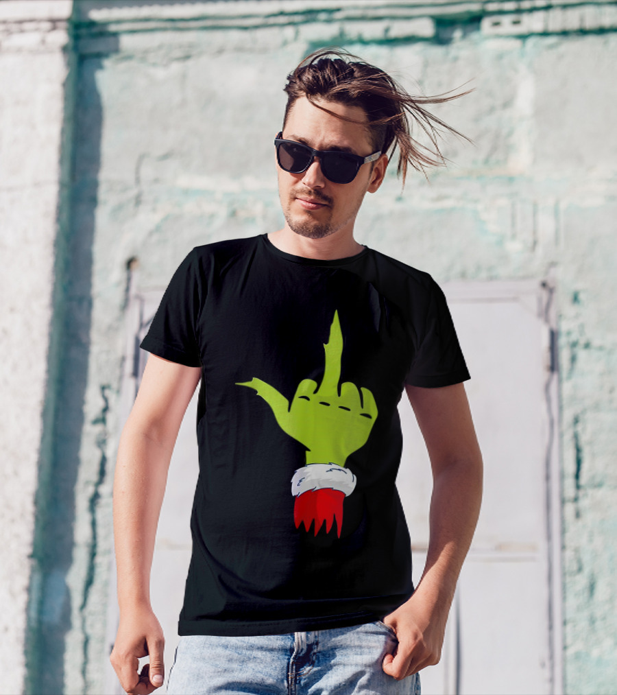 Grinch Middle Finger Merry Christmas Santa Hand Gesture T-Shirt
