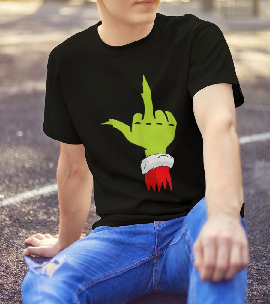 Grinch Middle Finger Merry Christmas Santa Hand Gesture T-Shirt