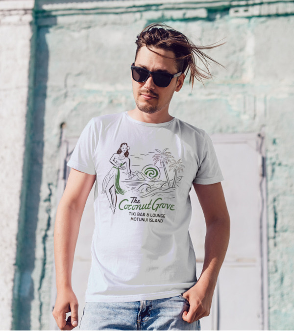 The Coconut Grove Tiki Bar And Lounge Motunui Island Woman With Palm Trees And Waves T-Shirt