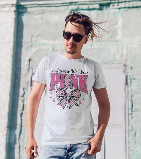 In October We Wear Pink Checkered Bow Lightning T-Shirt