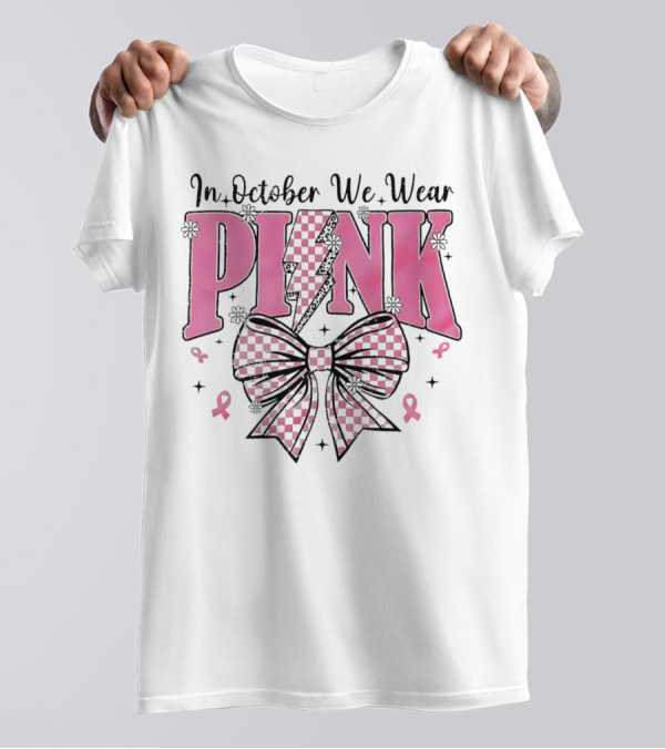 In October We Wear Pink Checkered Bow Lightning T-Shirt