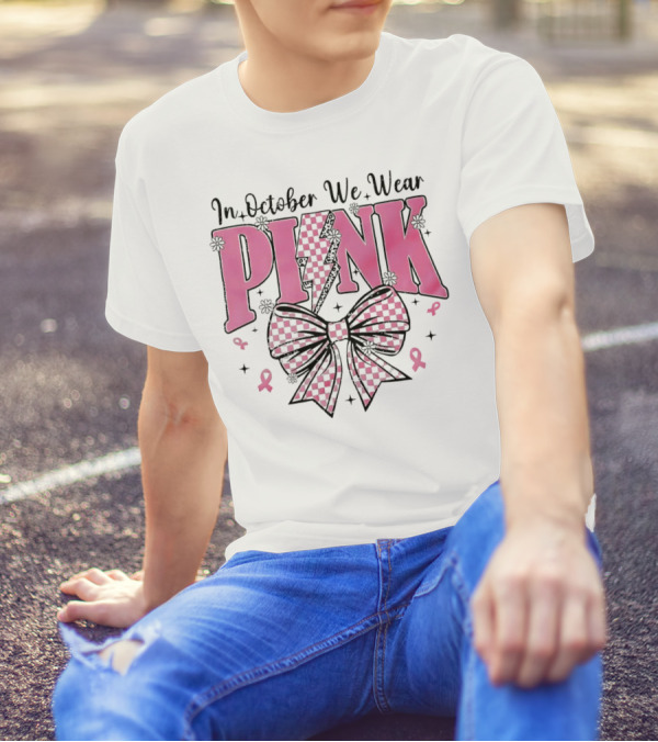 In October We Wear Pink Checkered Bow Lightning T-Shirt
