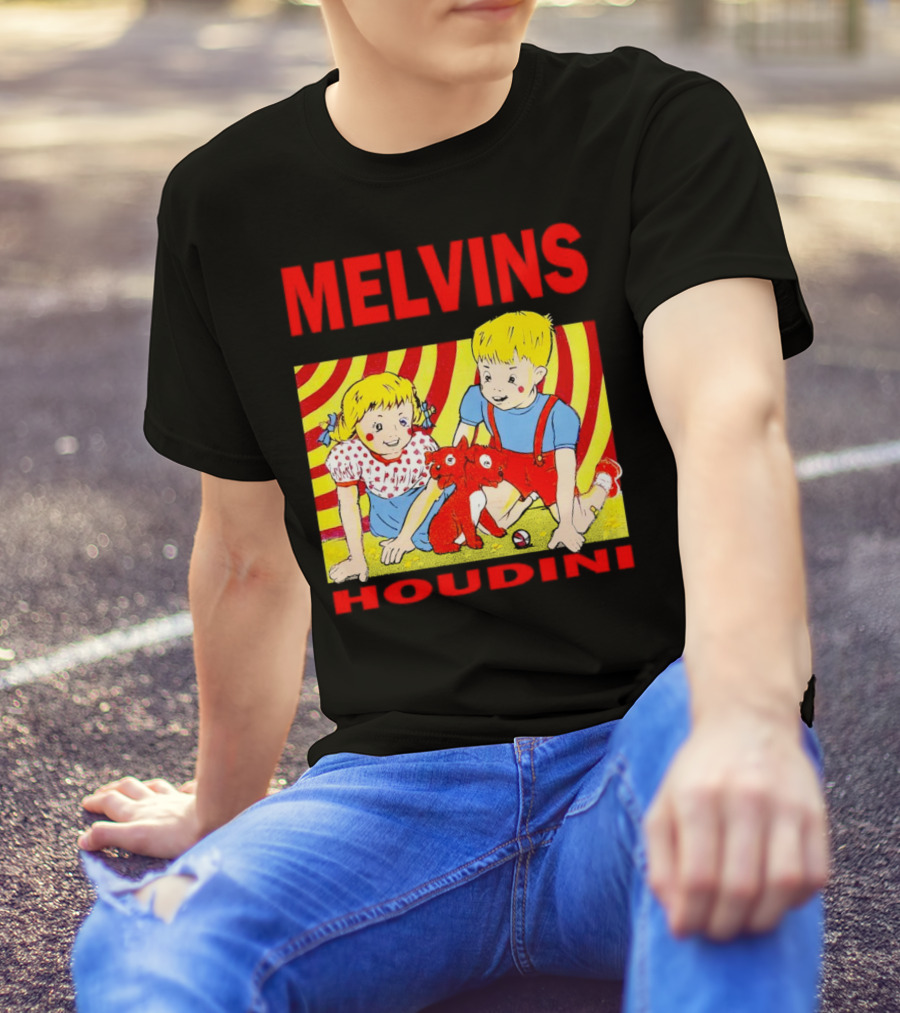 Melvins Houdini Late 00s Jerks Kids With Red Dog And Swirling Red Yellow Background T-Shirt