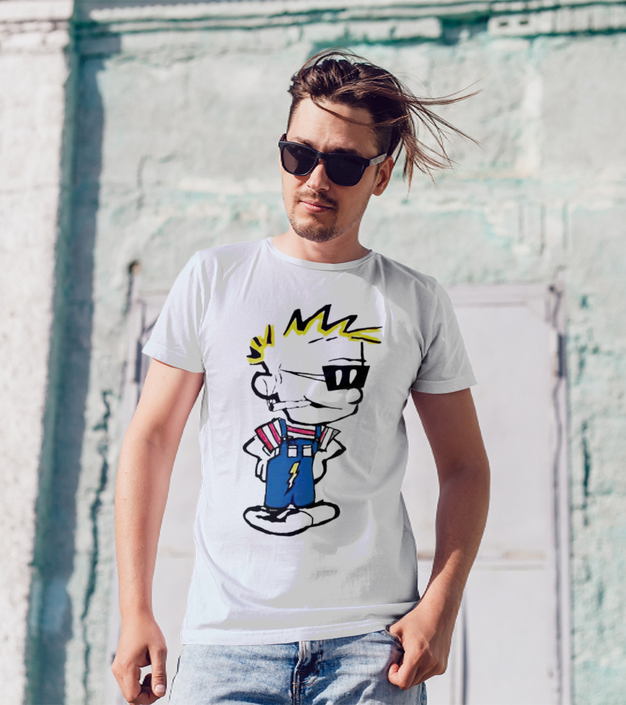 Calvin And Hobbes Spaceman Spiff Lightning Overalls Yellow Hair Sunglasses T-Shirt
