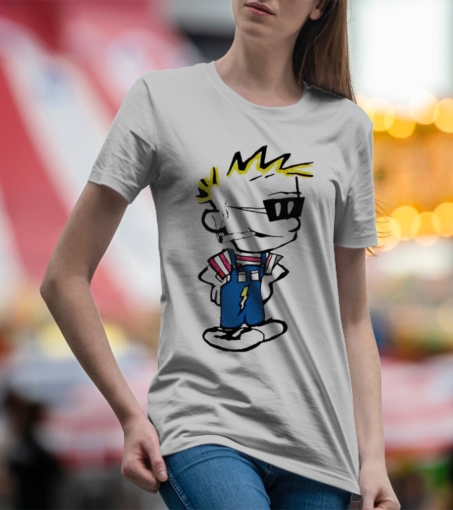 Calvin And Hobbes Spaceman Spiff Lightning Overalls Yellow Hair Sunglasses T-Shirt