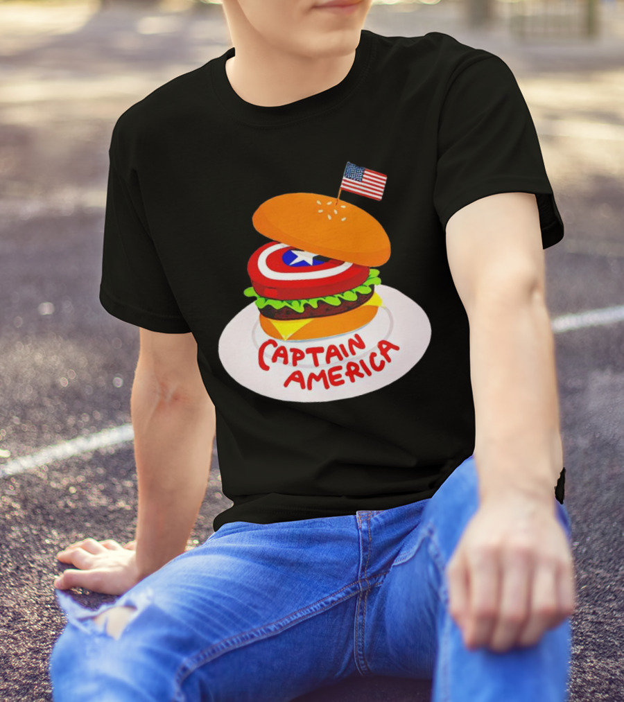 Captain America Burger With Flag And Shield Lettuce Bun T-Shirt
